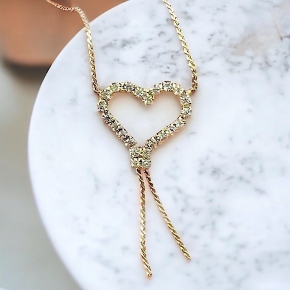Vintage Open Heart Rhinestone Crystal Love Gold Tone Delicate Chain Necklace - Picture 3 of 16